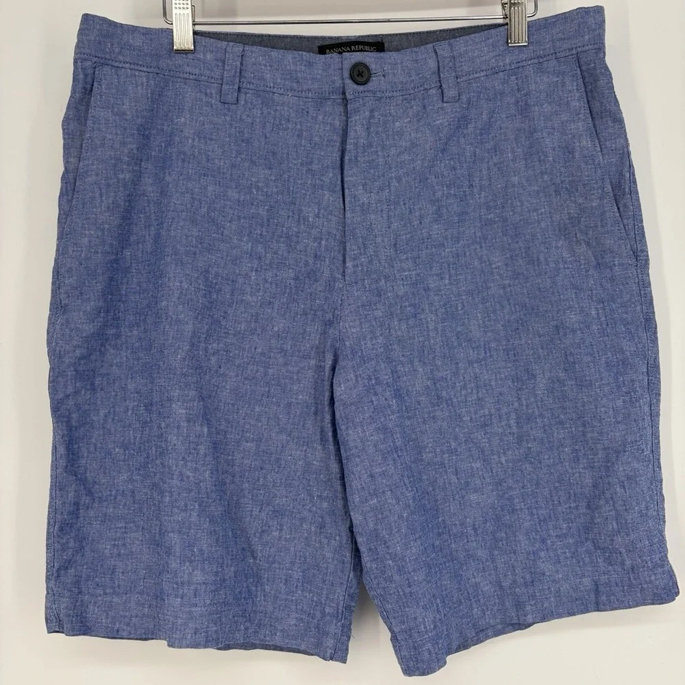 Banana Republic Aiden Shorts Mens 34 x 10 Linen Blend Chino Blue Beach‎ Summer